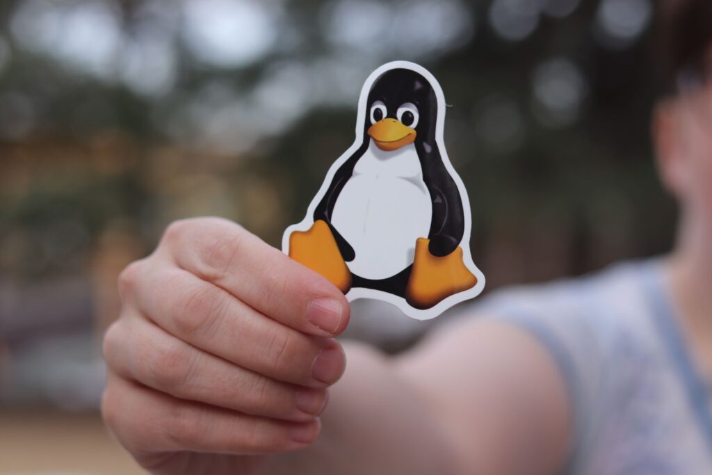 Hand holding a Tux the penguin sticker, the Linux mascot, with a blurred outdoor background