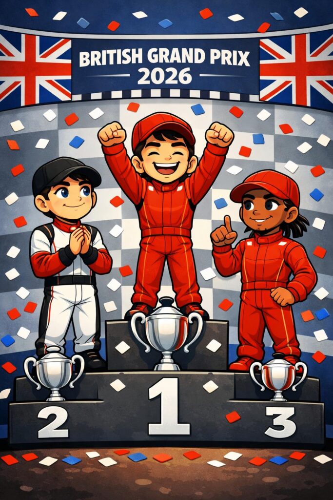 Ilustración estilo caricatura del podio del Gran Premio de Gran Bretaña 2026, con tres pilotos celebrando sobre el podio, trofeos en cada posición, confeti rojo, blanco y azul, y banderas británicas al fondo